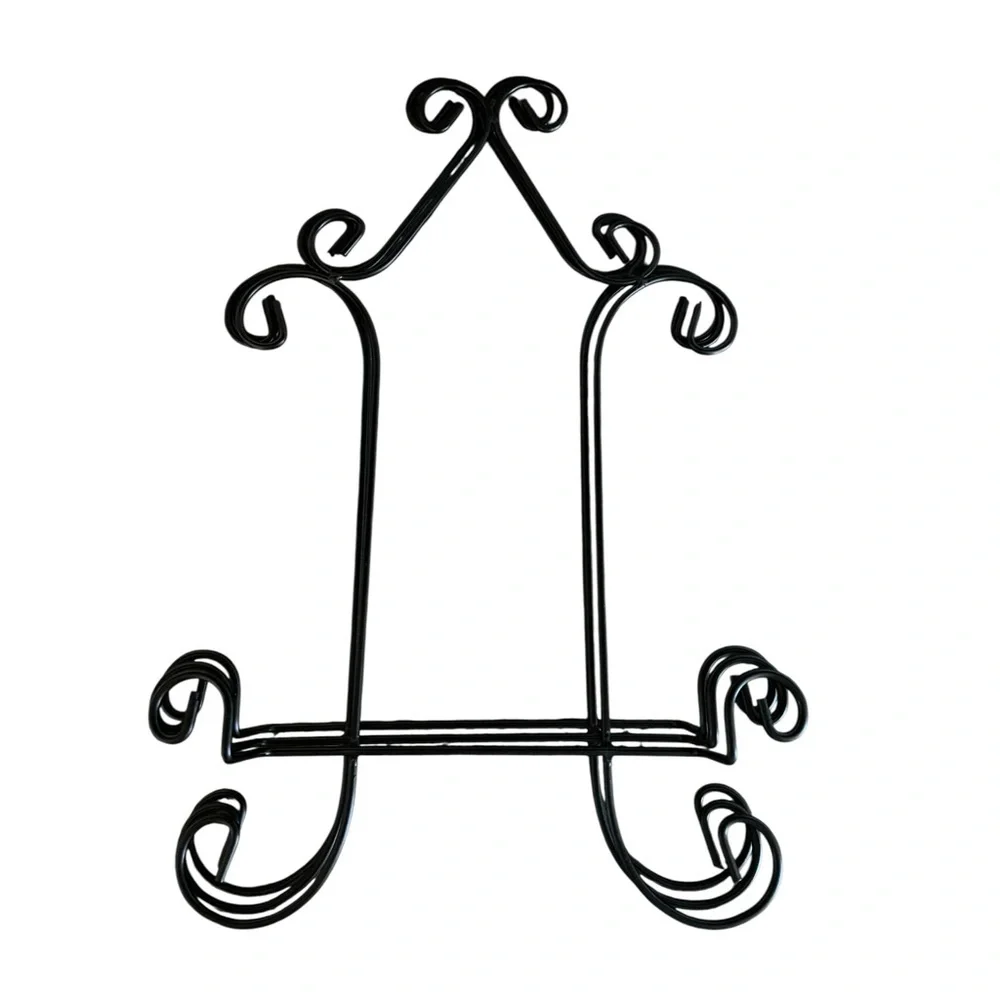 Three Black Iron Scrollwork Display Stands for Plates, Photos, or Artwork.